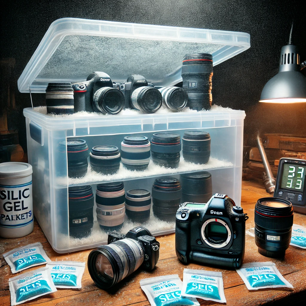 The image depicting the risks of storing cameras and lenses without a dehumidifying cabinet has been generated. You can see how humidity affects camera equipment and the measures that can be taken to mitigate these risks.