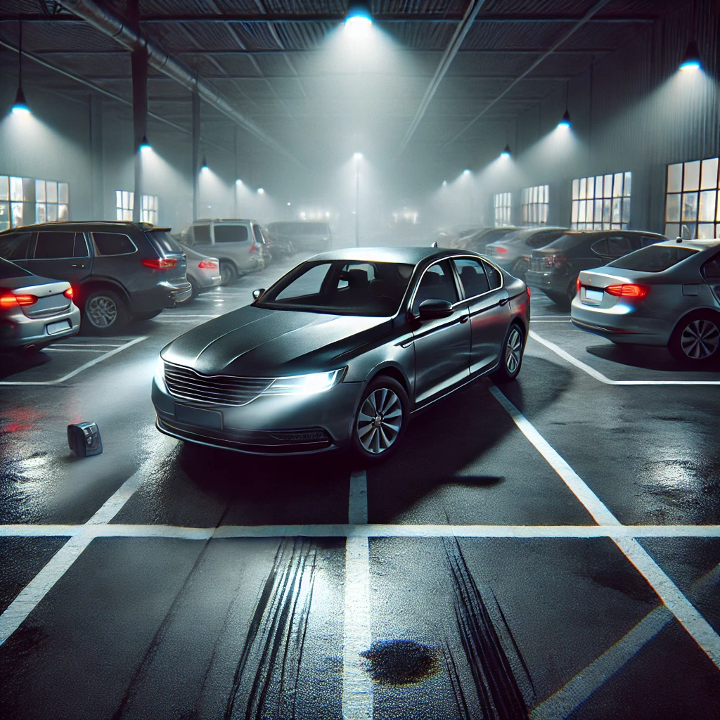 A parking lot scene depicting a car with visible damage, such as scratches and dents, suggesting a hit-and-run incident. The car is parked in a slightly dimly lit area, typical of a public parking lot. The surrounding environment includes other parked cars, and there are no visible people or security cameras. The atmosphere conveys a sense of frustration and mystery, emphasizing the challenge of identifying the perpetrator in a hit-and-run situation without a dashcam.