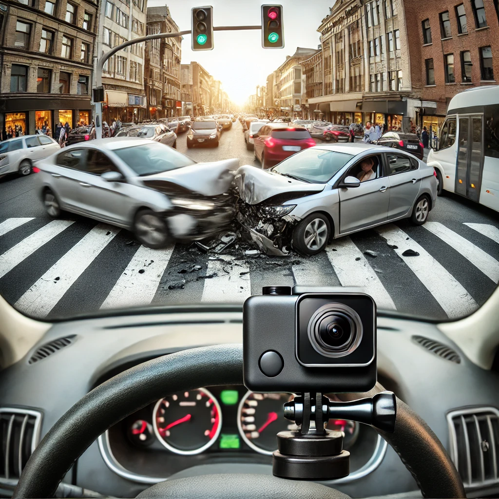 A busy city intersection with cars involved in a minor collision. The scene is captured from a vehicle's perspective, showing a car with a dashcam clearly visible. The moment of the accident is frozen in time, with traffic lights, pedestrians on the sidewalk, and other cars around. The dashcam is prominently displayed, capturing the crucial evidence needed to determine fault in the accident. The scene should be realistic and vivid, illustrating the importance of dashcams in providing clarity and accountability in traffic incidents.