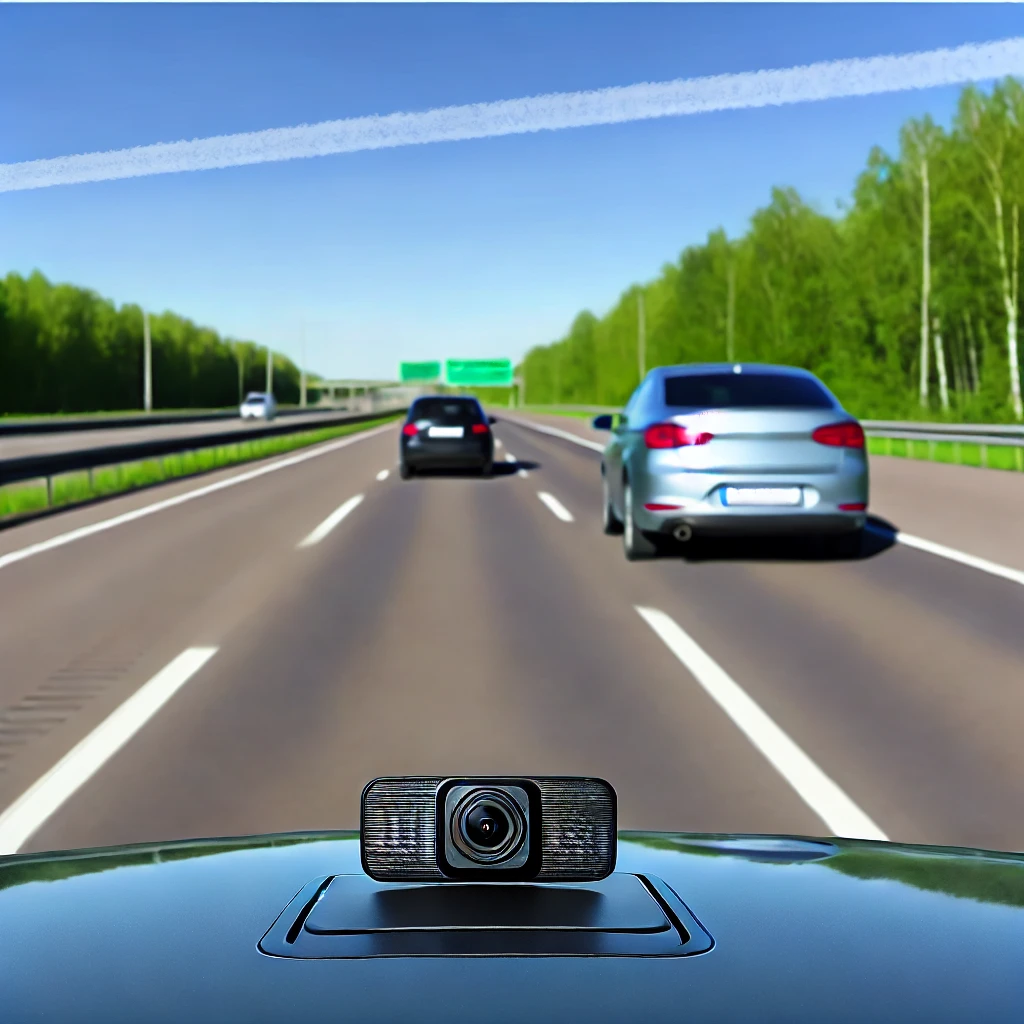 A road scene showcasing the deterrent effect of a dashcam. In the foreground, a car with a visible dashcam is driving on a highway. In the background, another car is maintaining a safe distance, illustrating the prevention of aggressive driving. The environment includes clear road markings and green trees lining the highway, under a blue sky. The image conveys a sense of safety and awareness due to the presence of the dashcam.