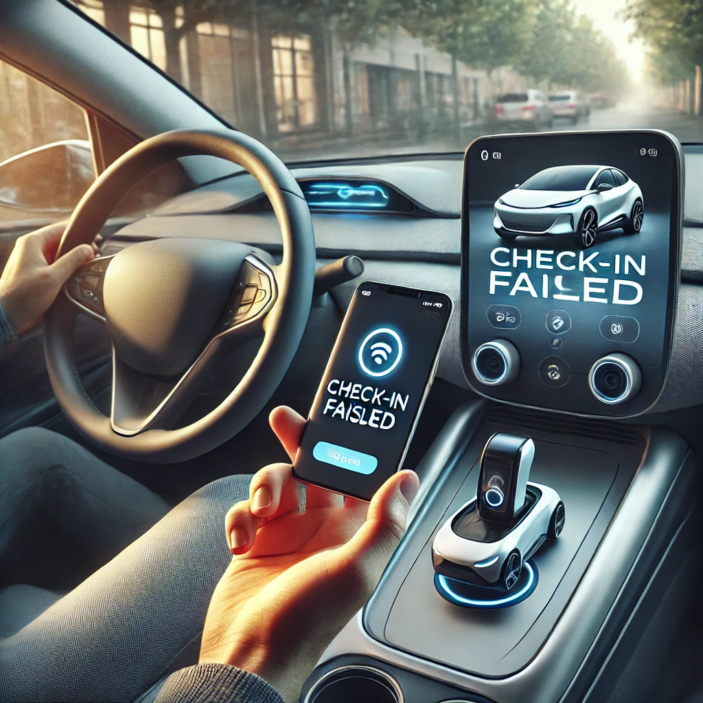 Here is the image depicting a driver troubleshooting the "Check-in failed" issue with the NP1 device and a smartphone app in a modern car interior. Let me know if you need any more adjustments!