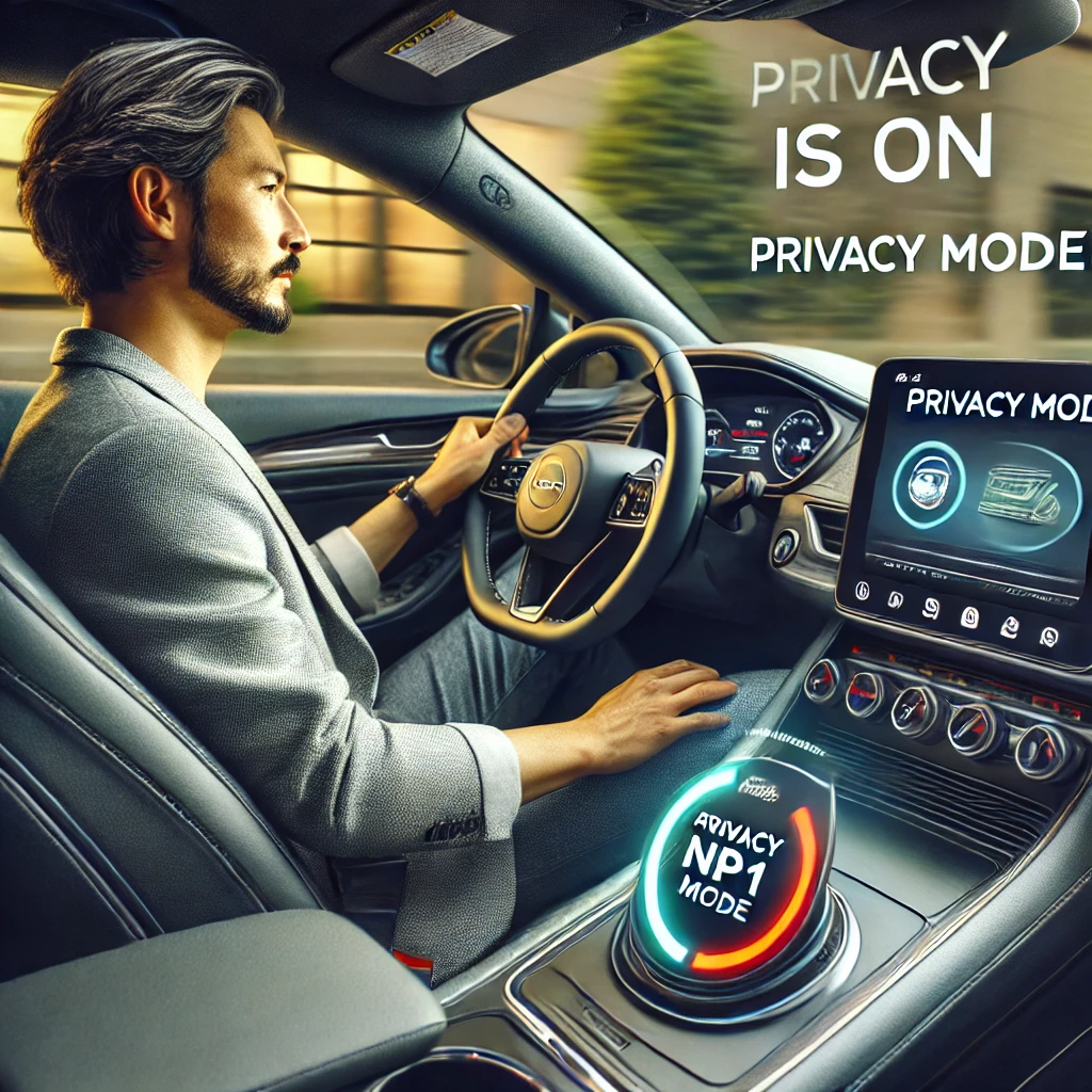 A realistic image depicting a driver inside a modern car, using the NP1 device with the 'Privacy Mode' feature activated. The car's dashboard screen shows a notification indicating that Privacy Mode is on, protecting the driver's personal information. The interior of the car is well-lit, and the driver appears relaxed, enjoying a safe and secure drive, knowing that their privacy is protected. The setting is realistic, with detailed car controls and a focus on the NP1 device and its functionality.