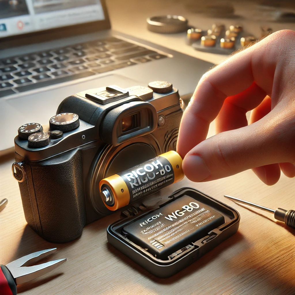 A realistic scene showing a RICOH WG-80 digital camera with its battery compartment open, revealing a worn-out or improperly inserted battery. The camera is on a desk, and the user’s hand is seen holding the battery, looking confused or frustrated. The power button is also in focus, indicating a potential issue. The background includes a few troubleshooting tools like a screwdriver, and a laptop, creating an atmosphere of a user trying to resolve a power issue. The lighting is soft, reflecting a real-life scenario.