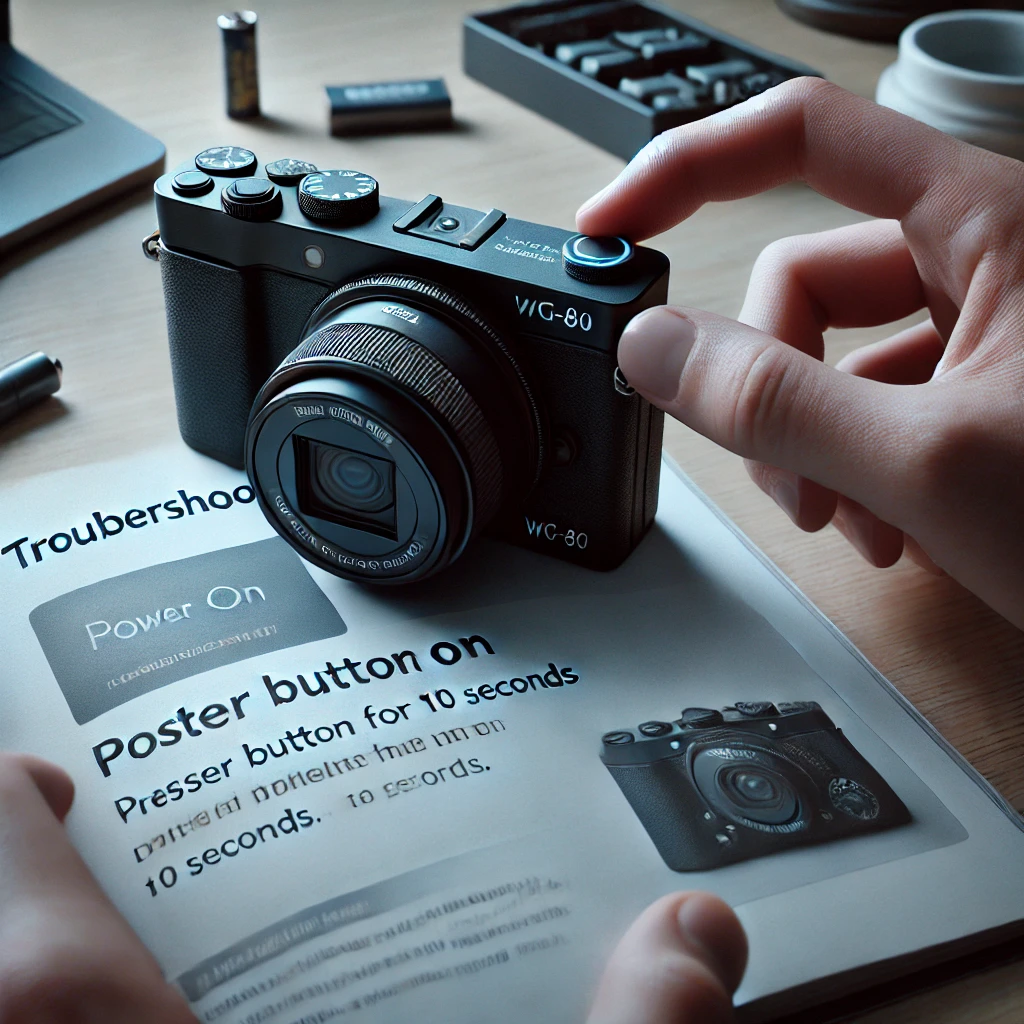 A realistic image of a user troubleshooting a RICOH WG-80 camera that won't power on. The scene shows the user holding the camera and pressing the power button for 10 seconds, attempting to resolve a system freeze. The camera is placed on a clean desk with a few other items like a battery and a small manual open to the troubleshooting section. The atmosphere is calm, with soft lighting that emphasizes the focus on the camera and the user’s hands.