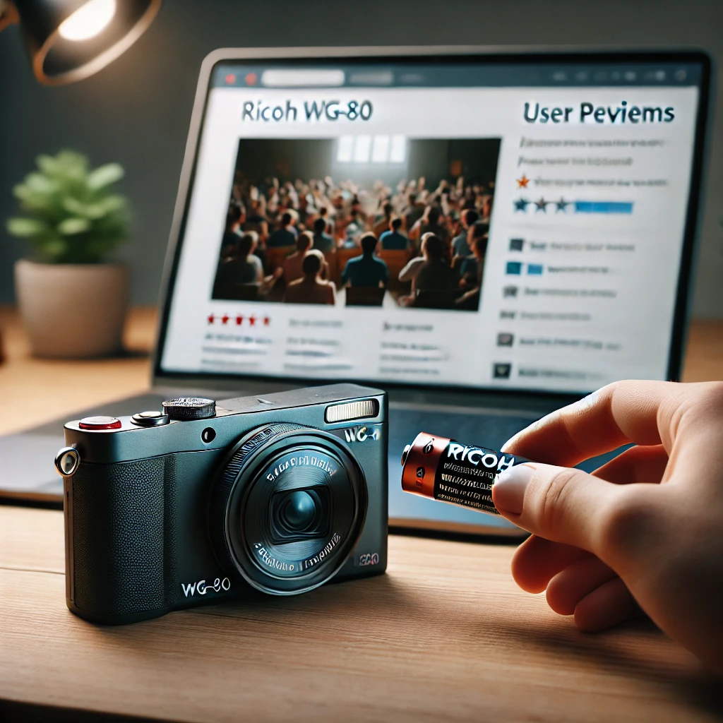 A realistic scene depicting a RICOH WG-80 camera placed on a desk alongside a laptop displaying user reviews of power issues. The camera is shown with its battery compartment open, and a user’s hand is holding a battery, illustrating the common problem. The screen of the laptop shows a forum or review site with multiple users sharing their experiences and solutions for the camera's power issues. The overall atmosphere is one of problem-solving, with soft lighting and a focused setting.