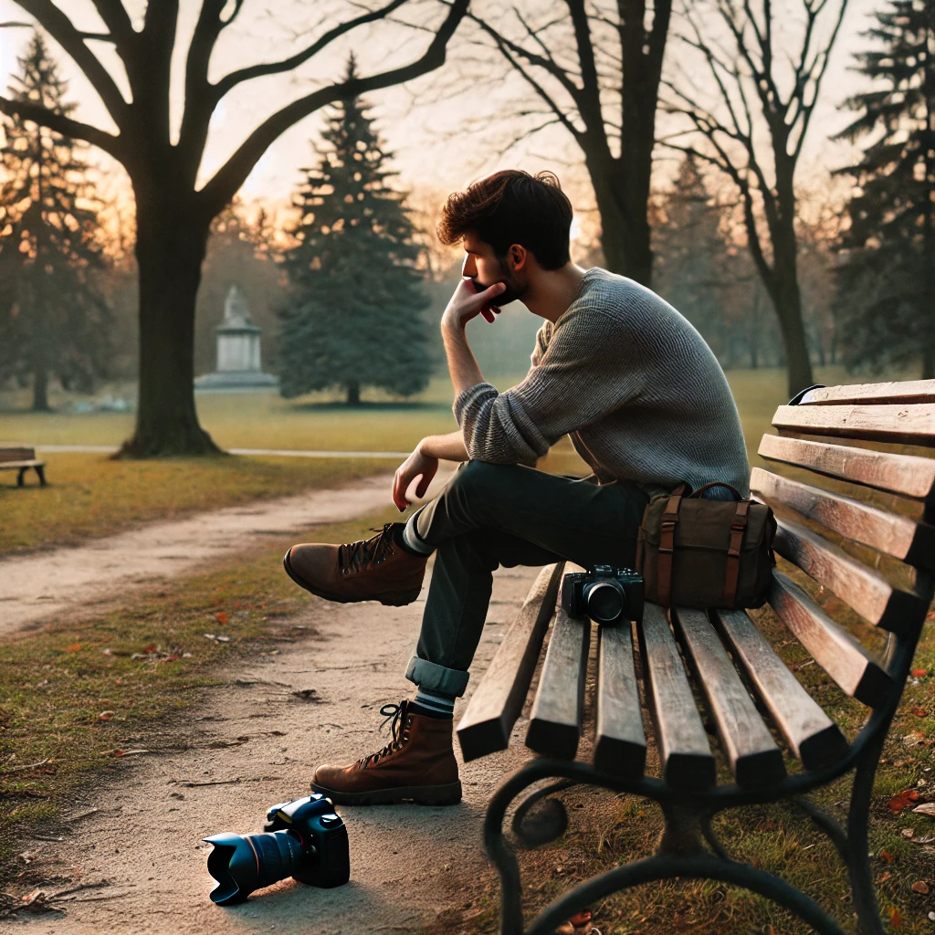 Here is the image depicting a person sitting alone on a park bench with a camera by their side, reflecting the sense of solitude often associated with photography as a hobby.