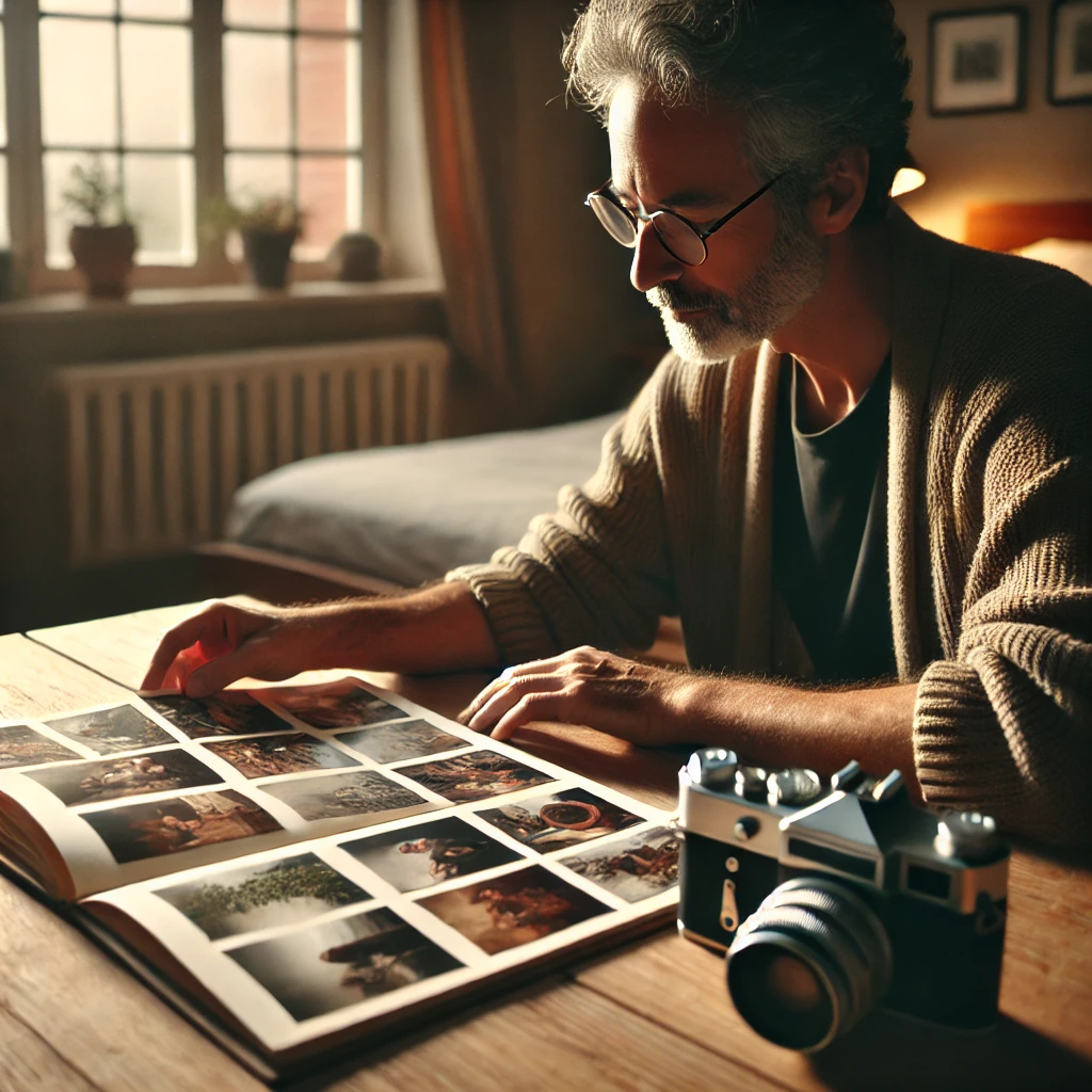 Here is the image depicting a person sitting at a desk, looking through a photo album with a camera nearby, capturing the essence of rediscovering the passion for photography.