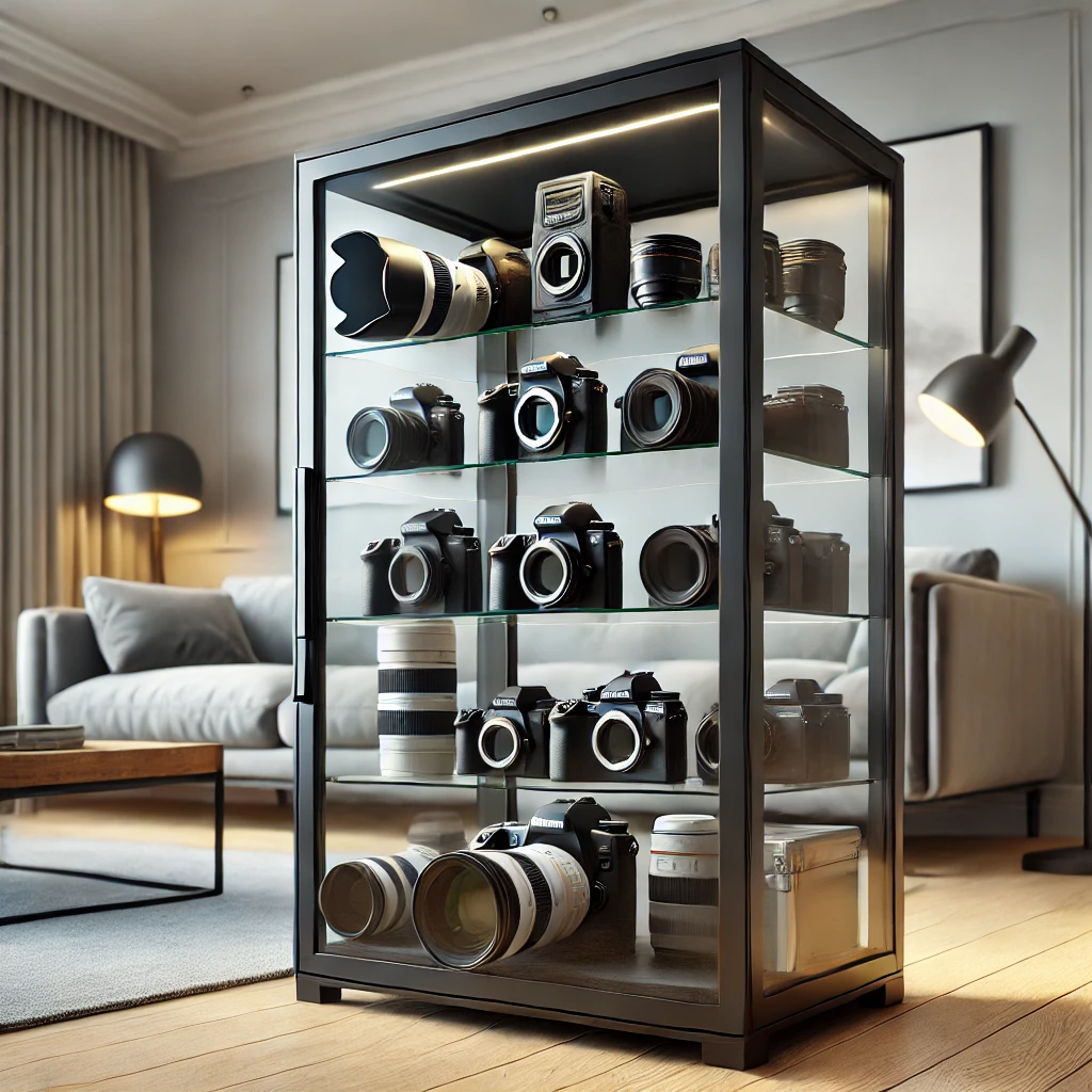 Here is the image of a modern camera dehumidifying cabinet, designed to protect cameras and lenses from humidity while fitting seamlessly into a contemporary living room setting.