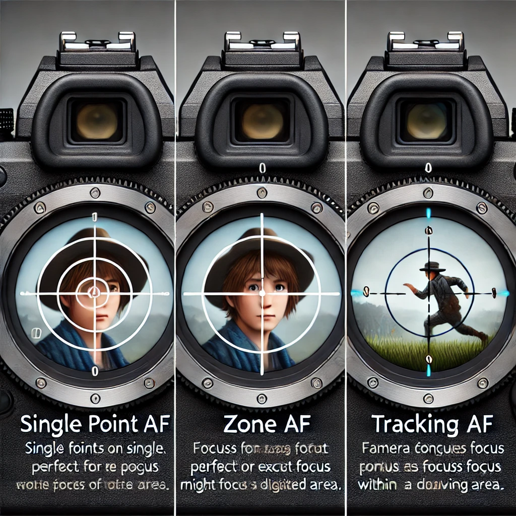 Here is the side-by-side comparison image showing the three autofocus modes: Single Point AF, Zone AF, and Tracking AF. Each mode is displayed within a camera viewfinder to illustrate how they focus on different parts of the frame.