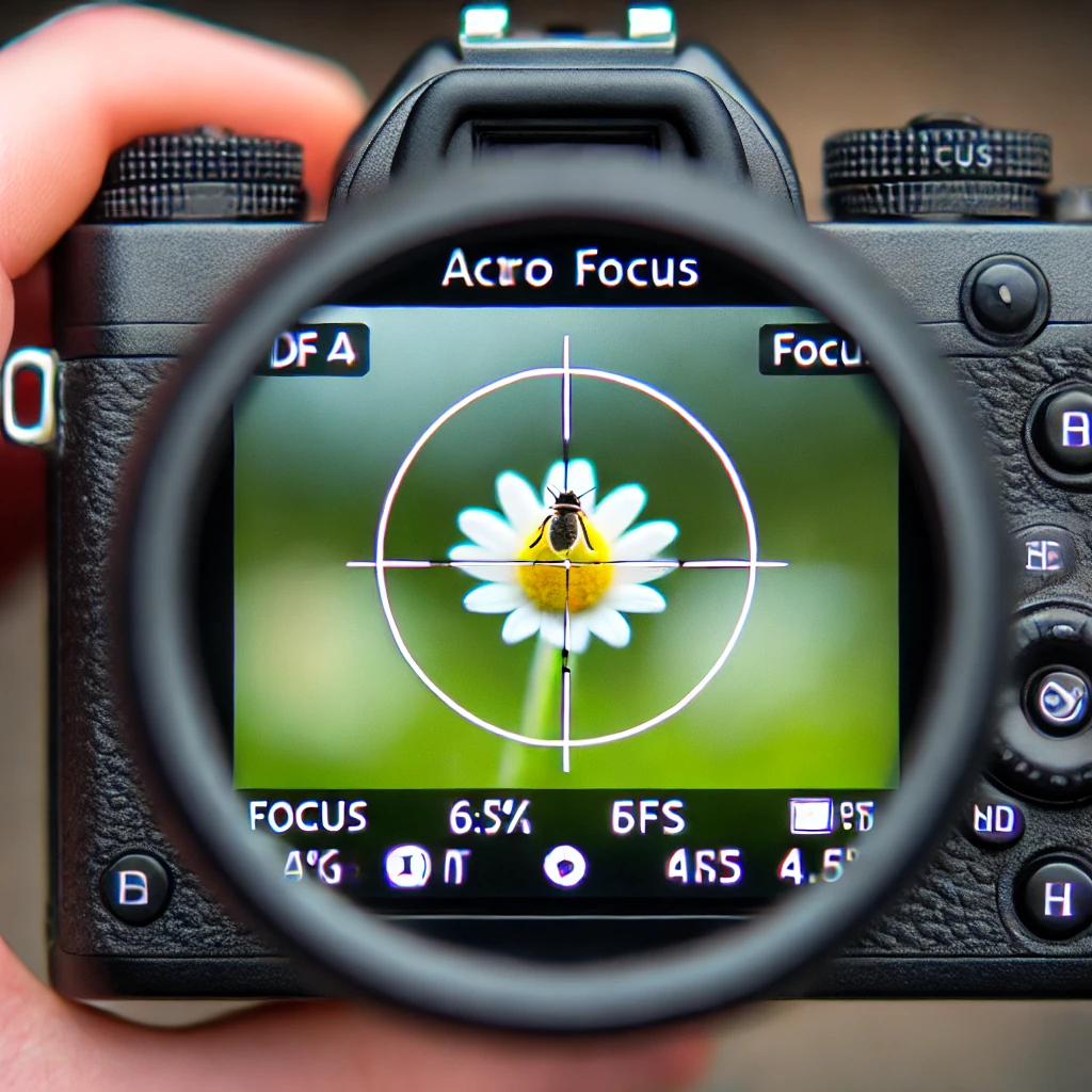 Here is the generated image illustrating the concept of focusing in macro photography through a camera's viewfinder. The image emphasizes the importance of accurate focus when shooting subjects at very close distances.